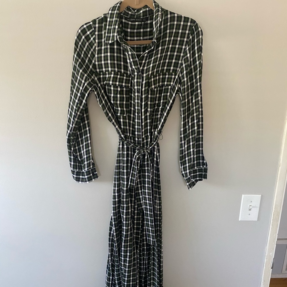 NWOT ZARA flannel pattern maxidress L long sleeves